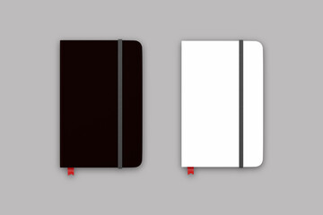 Realistic black and white notebook with rubber band and red bookmark. Top view diary template. Closed diary. 3d rendering. - obrazy, fototapety, plakaty