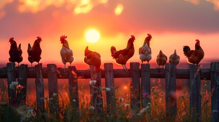 Sunrise serenade on a rustic fence with a lineup of roosters and hens - obrazy, fototapety, plakaty