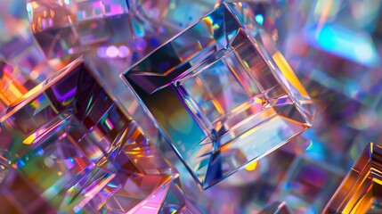 a close up of a rainbow colored glass cube - obrazy, fototapety, plakaty