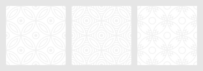 Set of seamless gray patterns of circles arcs lines to create fabric and wallpaper, easy background for Christmas card. Geometric white shapes in trendy retro style for cover decoration. - 786295560