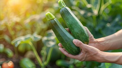 Fresh zucchini harvest in hands under sunlight