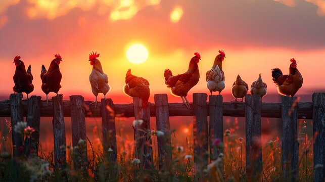 Sunrise serenade on a rustic fence with a lineup of roosters and hens