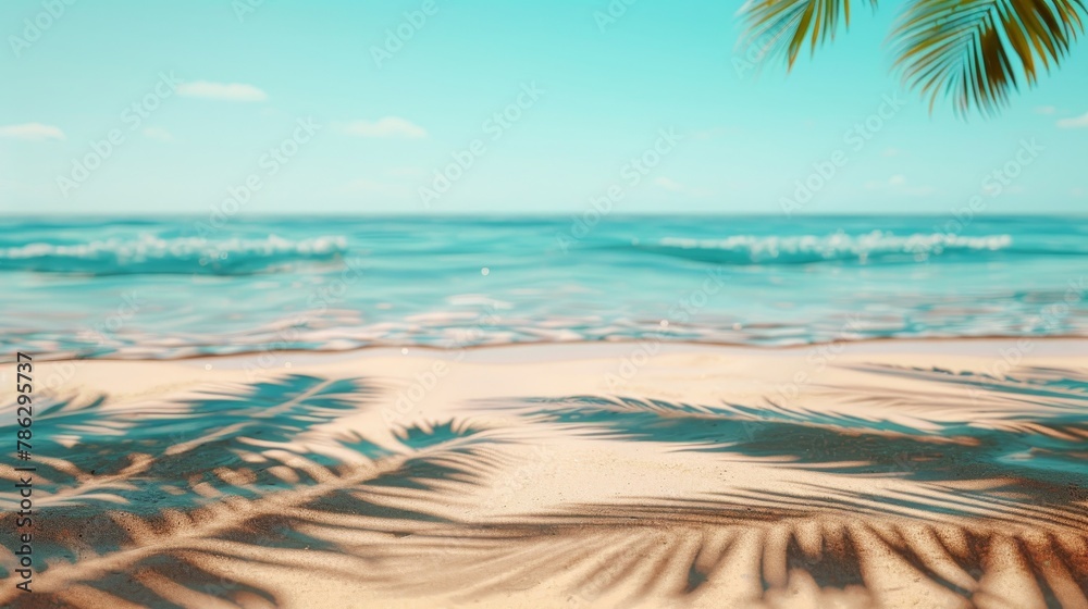 Fototapete This summer beach backdrop features a palm tree shadow and is ideal for display of products. The scene is abstract and 3D.