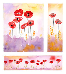 Red poppies floral card and bookmarks with summer sunset, illustration handpainted with watercolor