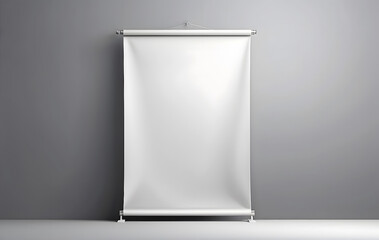 A white roll-up banner mockup stands against a gray wall, A White pop-up advertising display template design