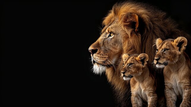 Majestic lion family on dark background with sharp details
