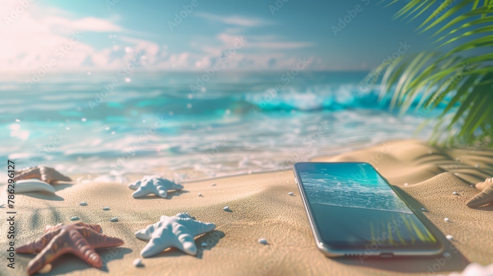 Aufkleber The image shows a natural summer beach backdrop with a smart phone mock up. Abstract 3D summer scene with sea view. Online shopping concept.