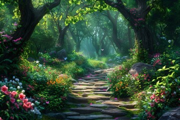 A stone pathway in a lush, magical forest, bathed in soft sunlight filtering through the trees, surrounded by vibrant, colorful flowers.