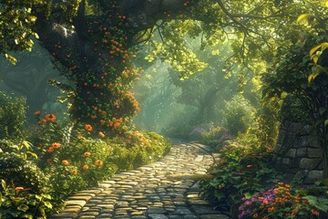 A stone pathway in a lush, magical forest, bathed in soft sunlight filtering through the trees, surrounded by vibrant, colorful flowers.