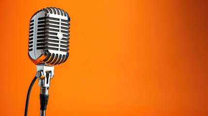 Fototapeta premium Photo from a retro microphone before solid colored orange background. 