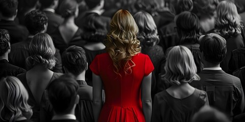 Striking Individuality Amidst Conformity A Blonde Woman in Red Dress Stands Out in Monochrome Crowd