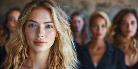 Obraz premium Confident Blonde Woman Leads a Group Her Presence and Authority Commanding Attention