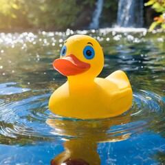 Gelbe Badeente mit großen blauen Augen im glitzernden Wasser. Nahaufnahme.