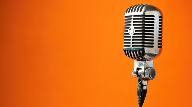 Photo from a retro microphone before solid colored orange background. 