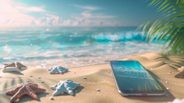 The image shows a natural summer beach backdrop with a smart phone mock up. Abstract 3D summer scene with sea view. Online shopping concept.