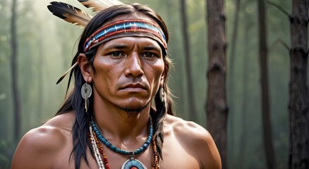 Serene Apache Man with Headdress in Forest Setting