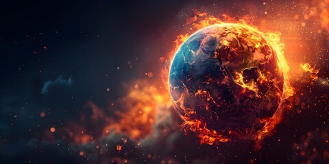 Intense visual of a fiery obscured Earth highlighting the severe impacts of global warming with vivid flames and smoke covering the continents