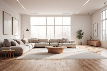 Fototapeta na wymiar 3D rendering minimal style living room with wooden floor ,white wall,big couch,big window,carpet,wooden cabinet. Modern living room