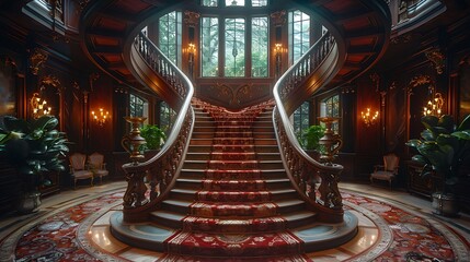 Luxurious Ascent: Elegant Spiral Staircase in Grand Mansion Adorned with Opulent Carpets and Ornate Banisters - obrazy, fototapety, plakaty