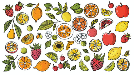 Doodle fruits. Natural tropical fruit doodles citrus