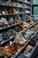 Collection of minerals, labeled with properties, well-lit room, wide shot, educational display on mineral properties - obrazy, fototapety, plakaty