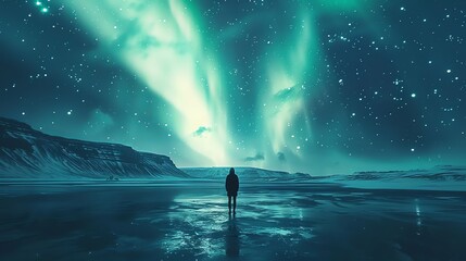 Lone figure under starry sky, aurora above, wide shot, quest for spiritual enlightenment, profound silence, cosmic wonder - obrazy, fototapety, plakaty