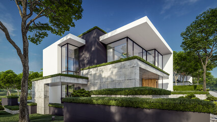 Fototapeta na wymiar 3d rendering of flat roof house with parking and pool for sale or rent with concrete facade and beautiful landscaping on background. Clear sunny summer day with blue sky.