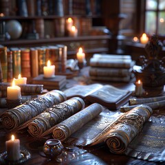 Aged scrolls and candlelight, cluttered desk, close-up, esoteric knowledge study, mystical ambiance, focused detail - obrazy, fototapety, plakaty