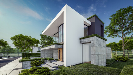 3d rendering of flat roof house with parking and pool for sale or rent with concrete facade and beautiful landscaping on background. Clear sunny summer day with blue sky.