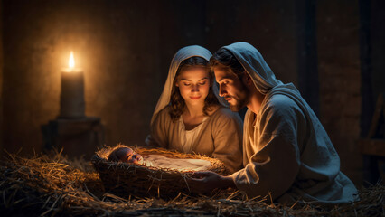 Holy Nativity of Christ: Blessed Virgin Mary and Joseph Gazing at Baby Jesus in the Manger in the Glow of a Candle.