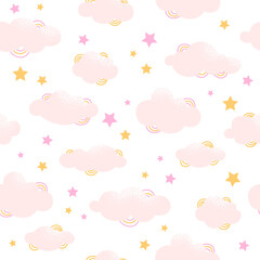 Seamless vector pattern with cute pink clouds and little stars on white background. Ornament for children's textiles and wrapping.