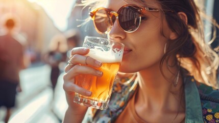 Elegant Woman Sips Beer in Cityscape with Sunglasses
