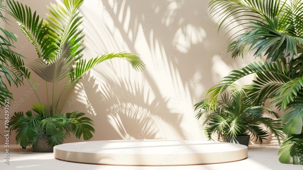 Poster display backdrop with tropical palm leaves for cosmetic products. 3d rendering.