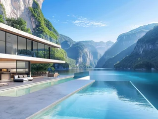 Foto auf Acrylglas Antireflex House with pool by lake mountains, a serene natural landscape © Jahid