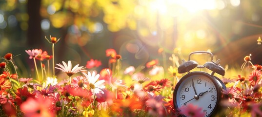 Seasonal shift  alarm clock amid summer blooms and autumn leaves as daylight saving time ends