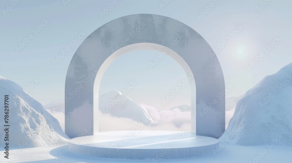 Poster Winter abstract scene with geometric forms and a podium in natural light. 3D render, minimal background. No background.