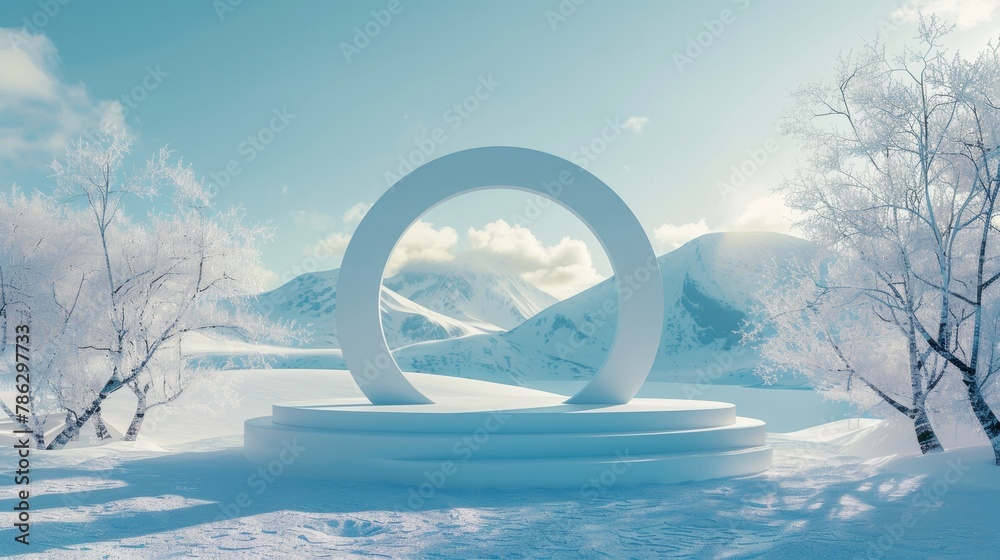 Poster sculptural winter scene in natural light with an arch and podium. minimal background. surreal backgr