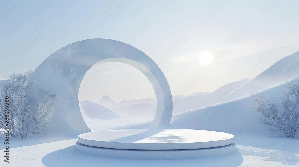 Poster geometric winter scene with an arch and podium. surreal background. atmosphere is minimal.