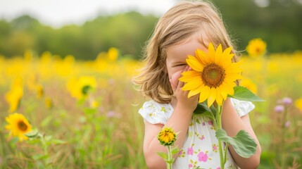 Fototapeta premium Young girl peeking from sunflower in summer field with space available for adding text