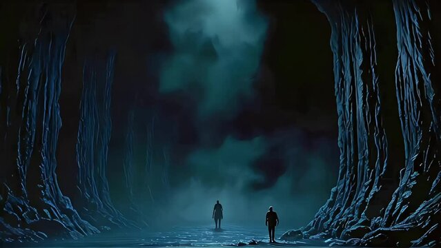 Silhouette two Person standing alone on lake with spooky night and hill arround