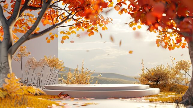 An abstract Autumn landscape scene with a podium background. 3D render.