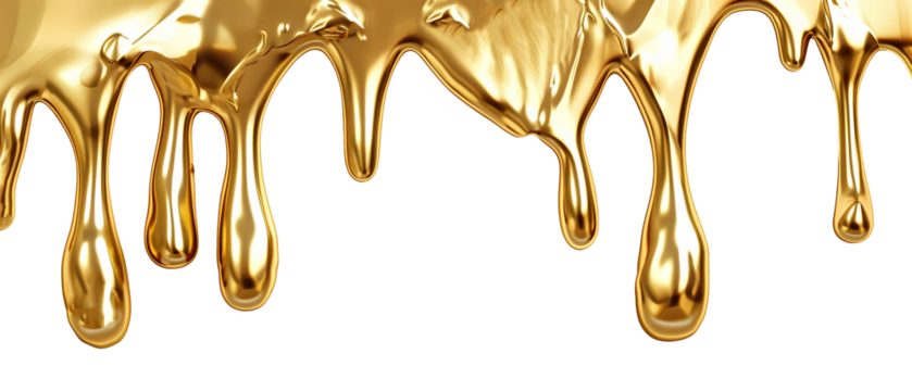 Abstract liquid gold drip isolated on white or transparent background