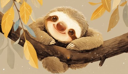 Obraz premium cute sloth hanging on a tree branch against a brown background. 