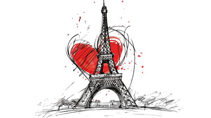 Eiffel Tower with hand drawn sketch red heart France