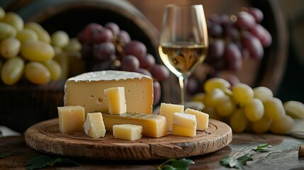 Still life with a glass of white wine, gourmet cheese, and grapes on a wooden table