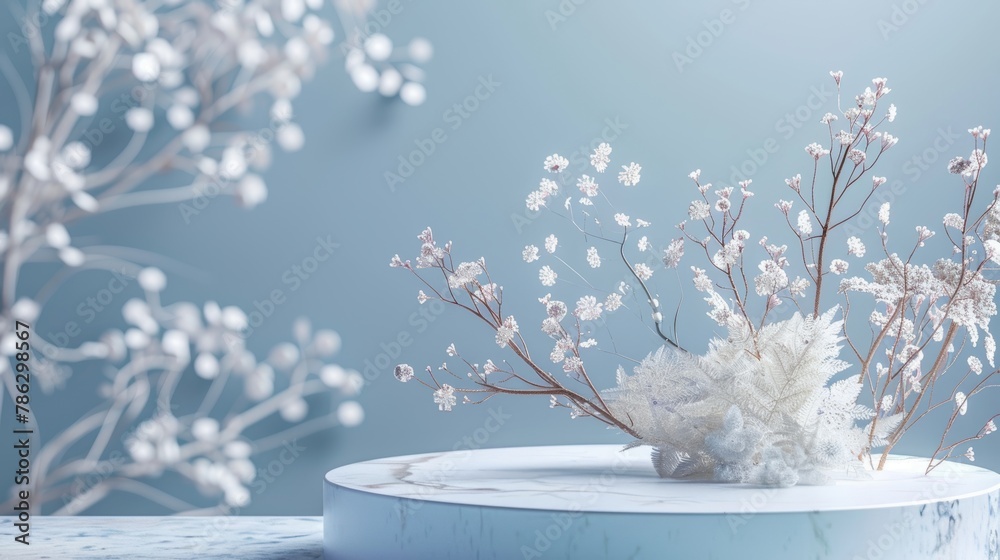 Poster background for a cosmetic product display using natural beauty podium backdrop. winter scene backgro