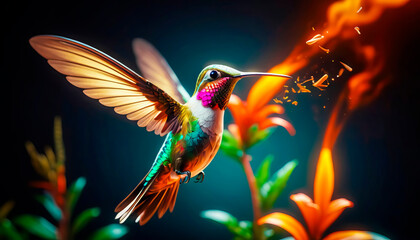 bright hummingbird bird over a flower on a dark background