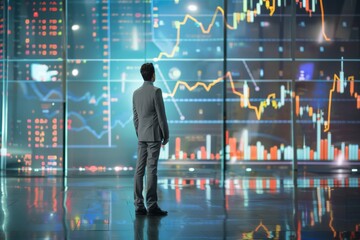 A businessman standing and thoughtfully analyzing complex financial data displayed across multiple screens.