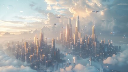 A future city skyline panorama in 3D. Concept illustration of skyscrapers, towers, tall buildings, and flying vehicles. A panoramic view of a megapolis town with a backdrop of a big sky.