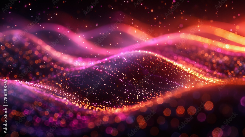 Poster A water drop wave with gradients of glowing particles and lines. A network of neon dots and lines. A digital background with a 3D rendering.